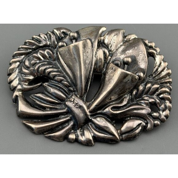 Vintage Sterling Silver Sash Pin Brooch Floral Art Nouveau 2 3/8